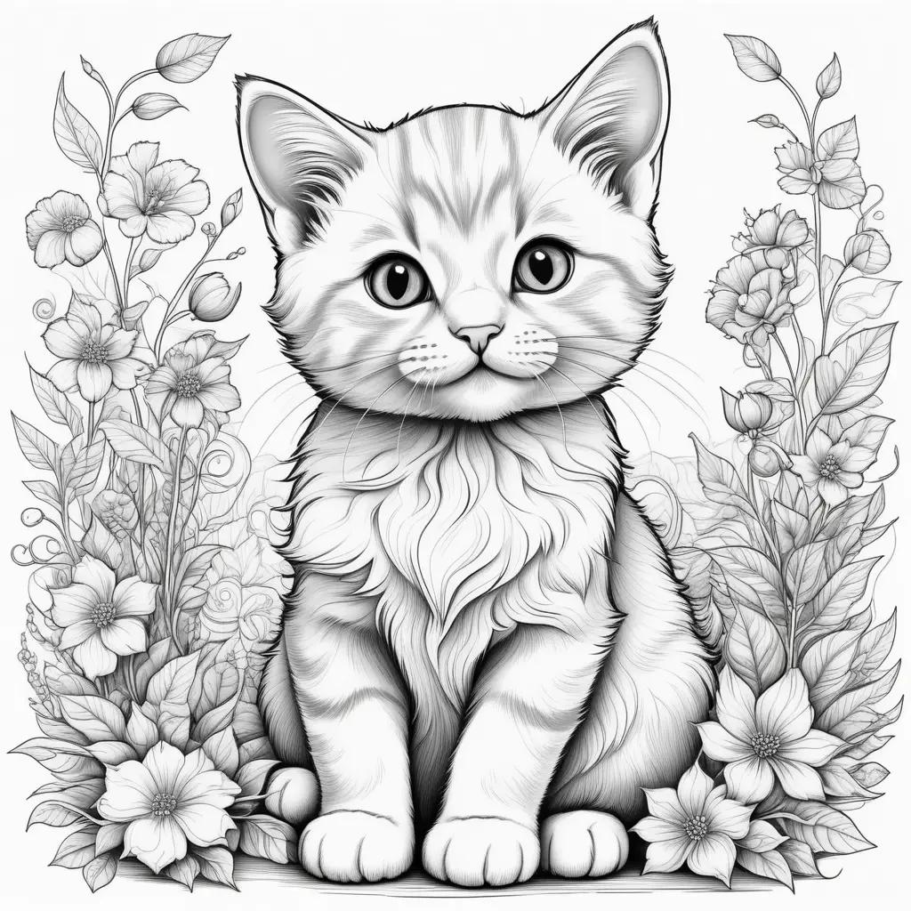 Kittens coloring pages: adorable kitten with flowers