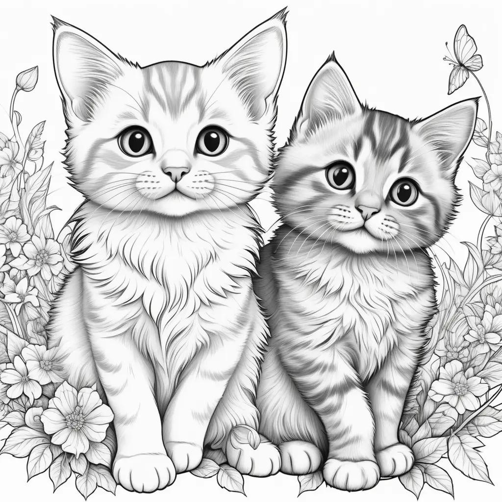 Kittens coloring pages with butterflies and flowers