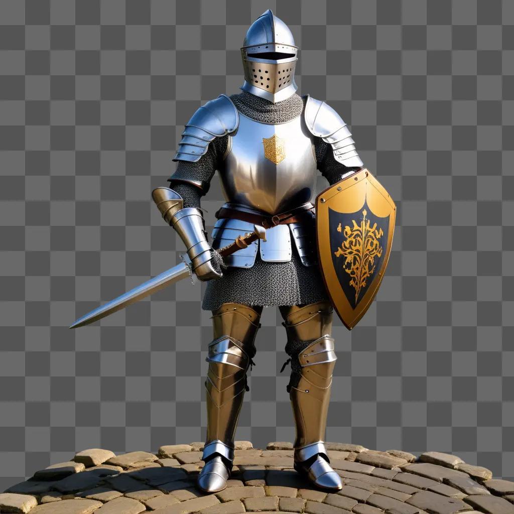 Knight in armor holding shield and sword