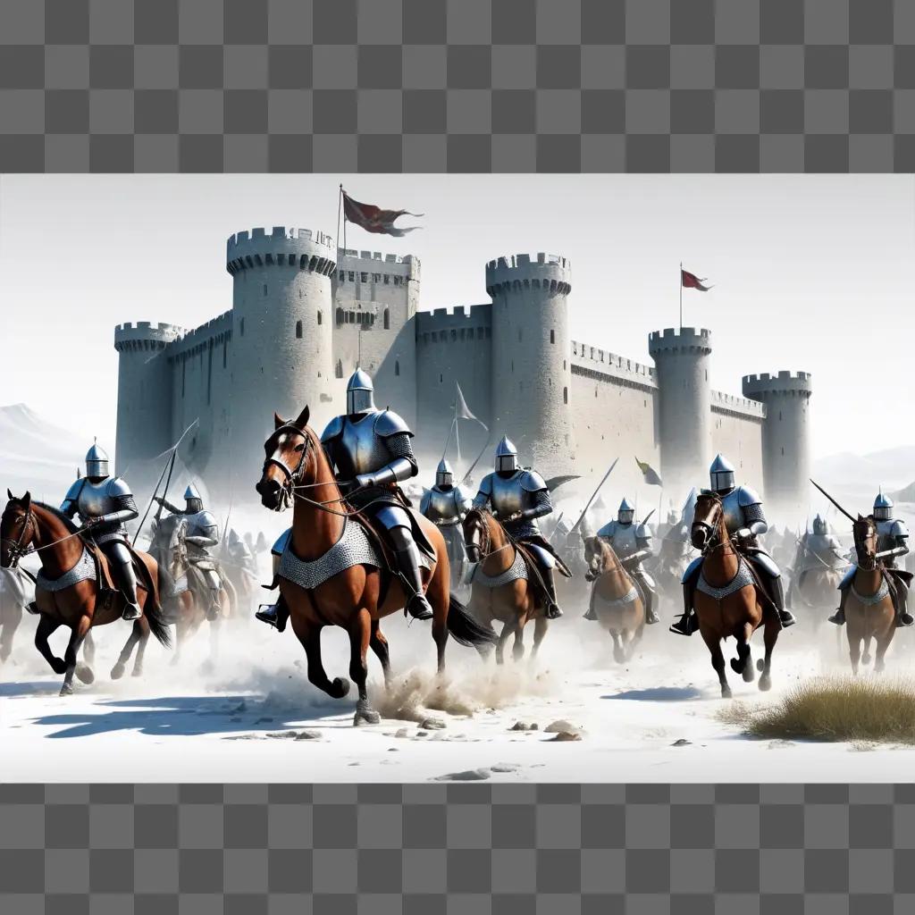 Knights charge towards castle, battle scene