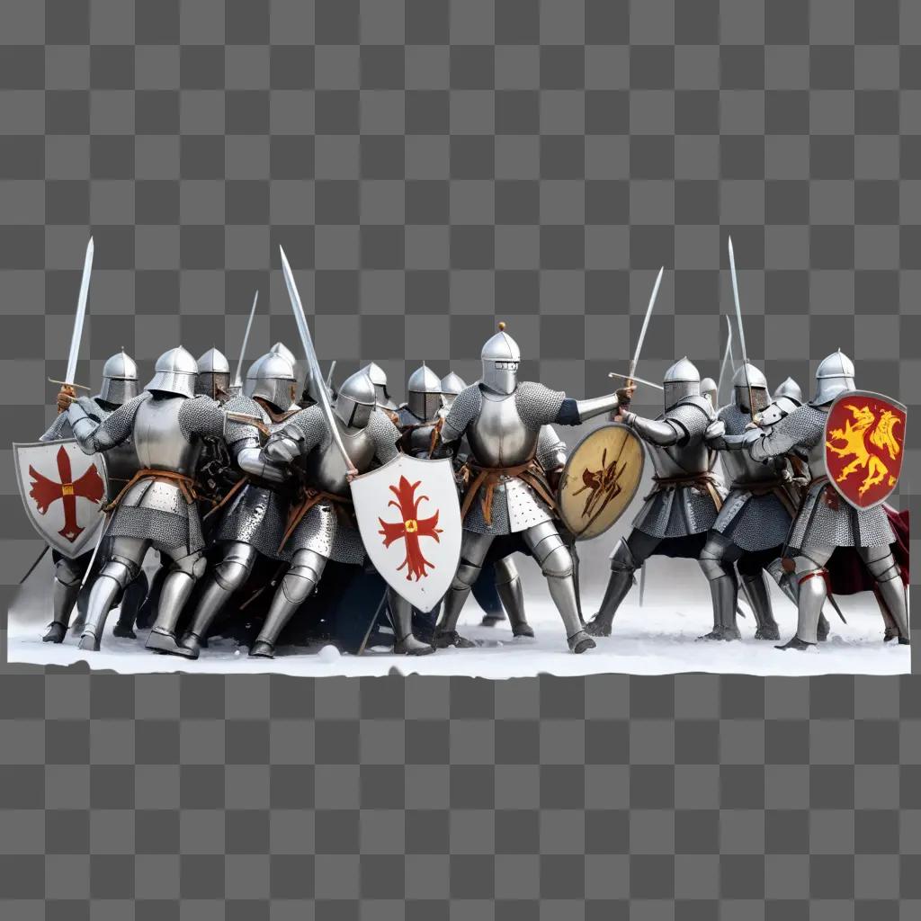 Knights in armor march together in a historical battle scene