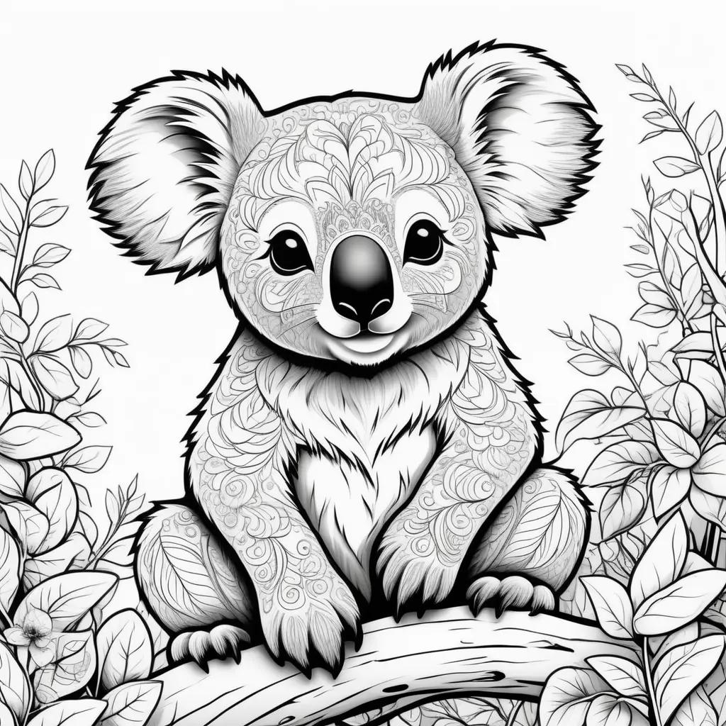 Koala bear color page with black and white coloring