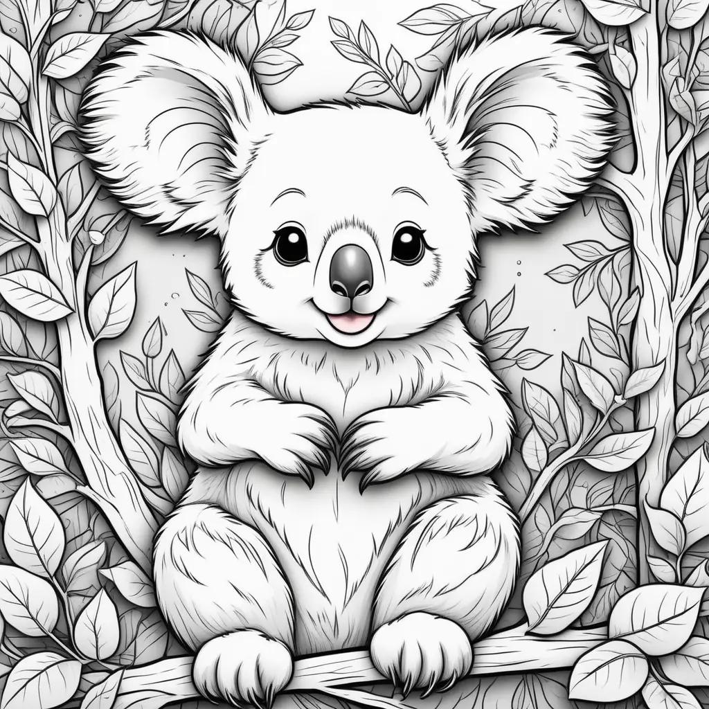 Koala bear coloring page with leaves