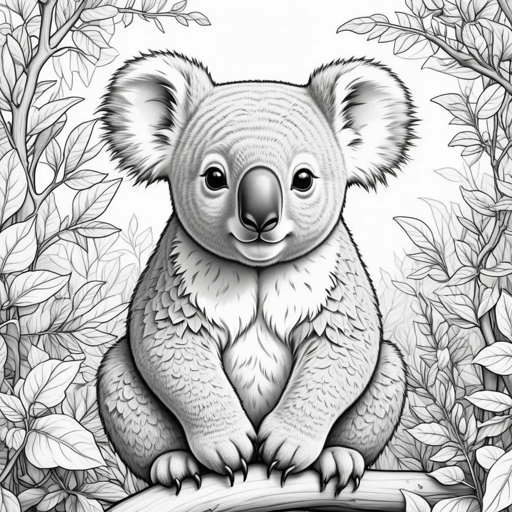 Koala coloring pages with leaves in background