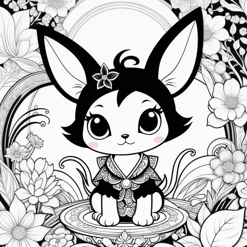 Kuromi Coloring Page with Flowers and Leaves