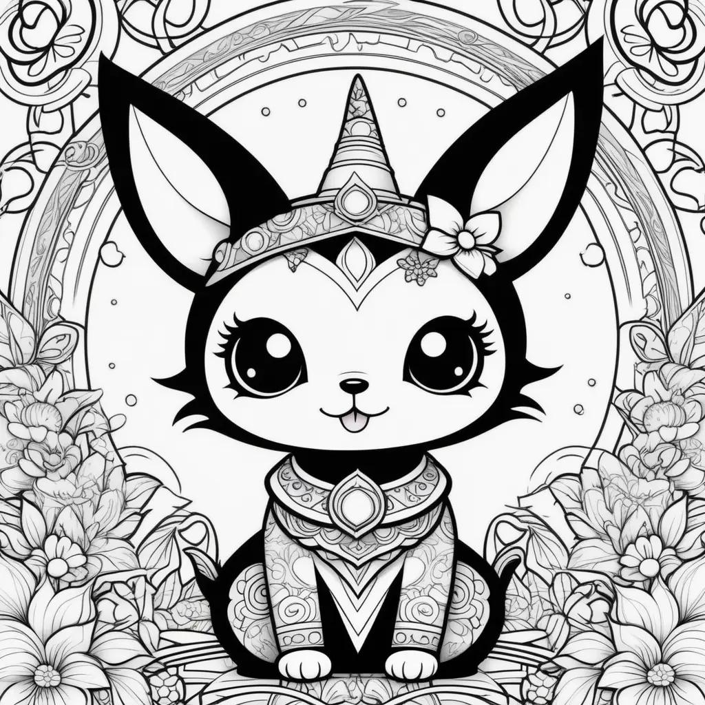 Kuromi coloring page: cute cartoon cat with floral background