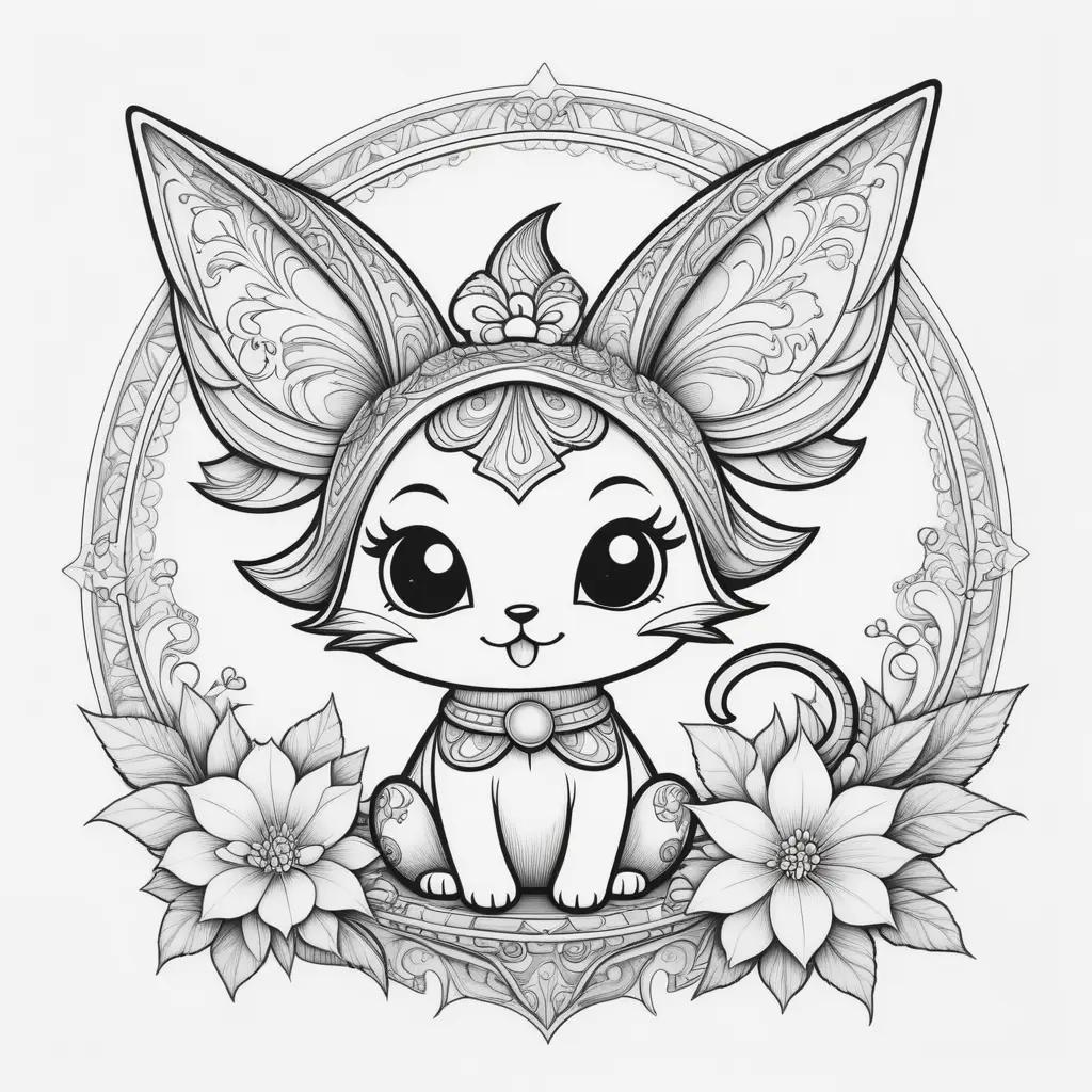 Kuromi coloring page featuring a cute cartoon cat with a bow and flower in the background