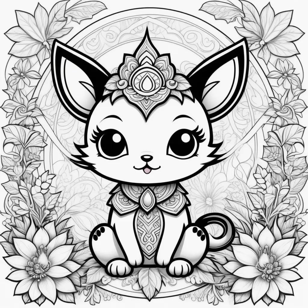 Kuromi coloring page with floral border and smiling cat