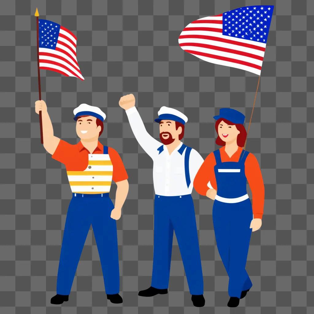 Labor Day: Three Workers Waving American Flags