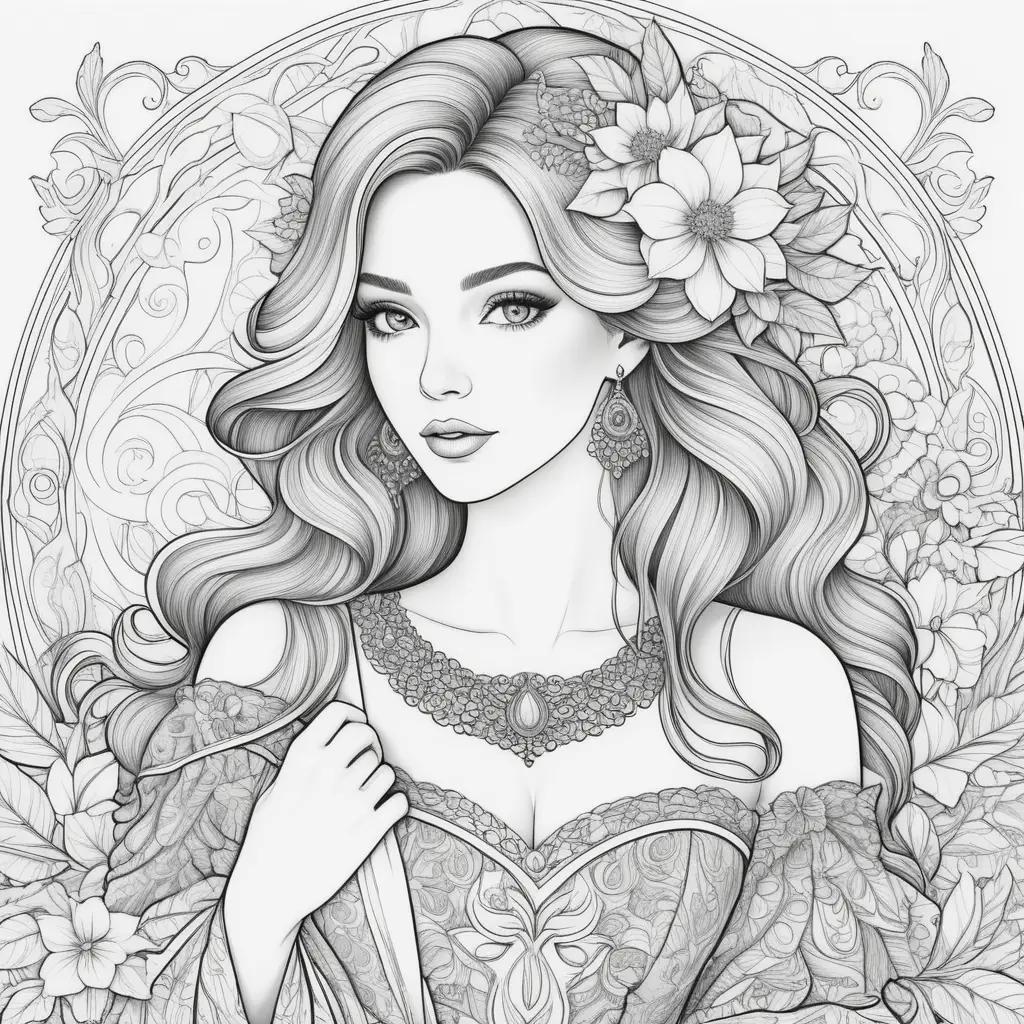 Lady coloring pages with flowers and jewelry