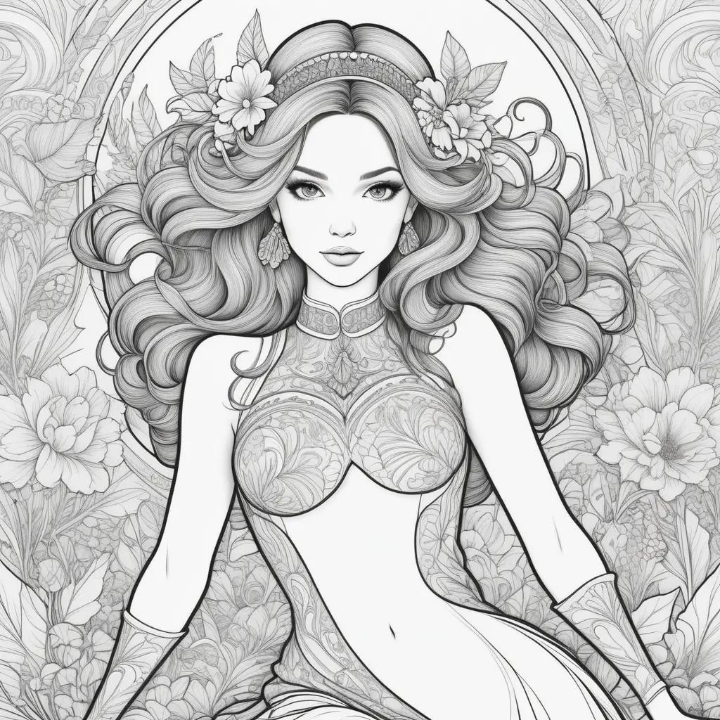 Lady with flower crown in black and white coloring pages