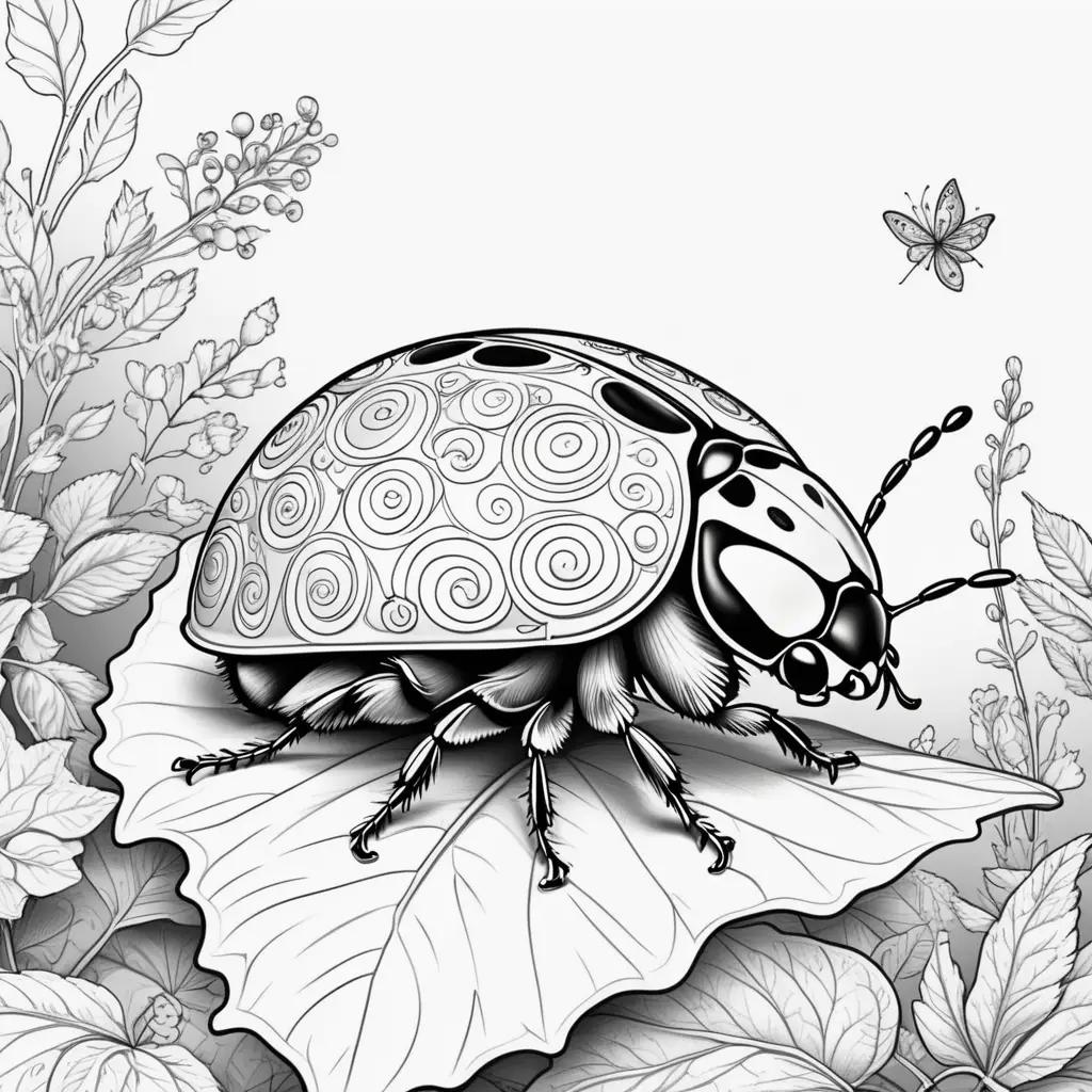 Ladybug coloring page with a butterfly in the background