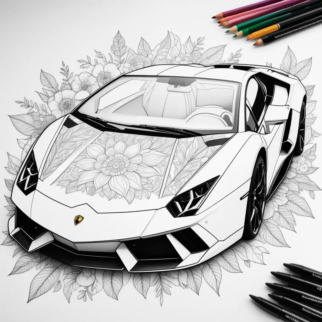 白い車、花、色鉛筆が描かれたランボルギーニのぬりえ