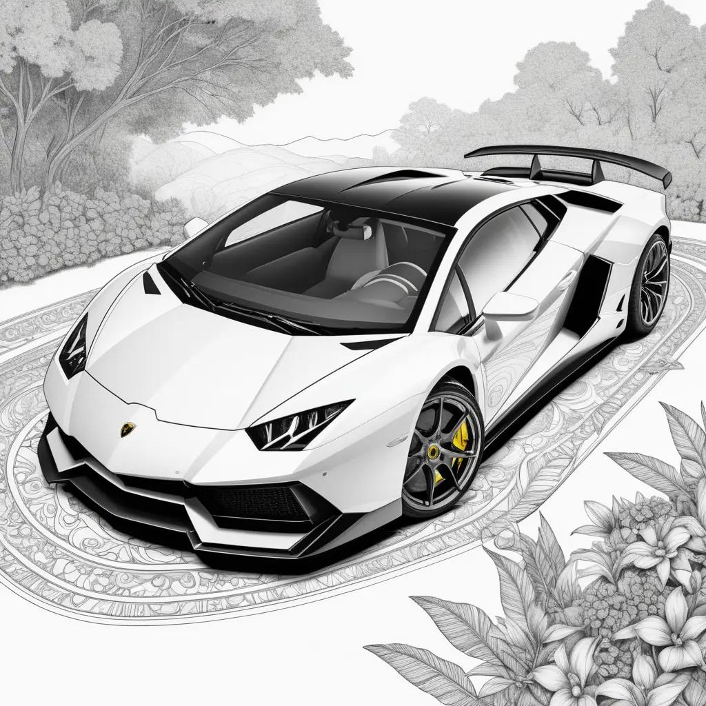 Lamborghini is colored in a sketch of a garden