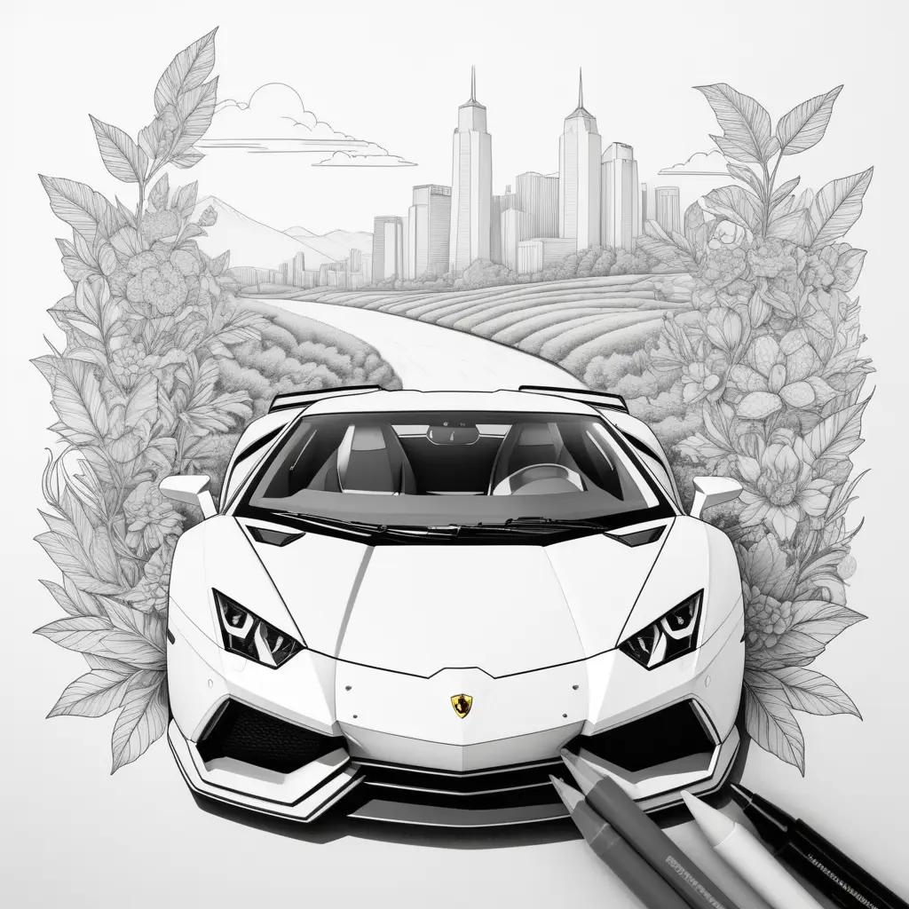 Lamborghini is colored on a drawing of a cityscape