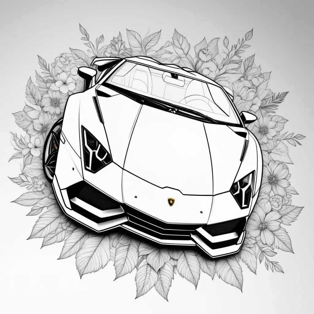 Lamborghini is shown in a coloring page with floral decorations