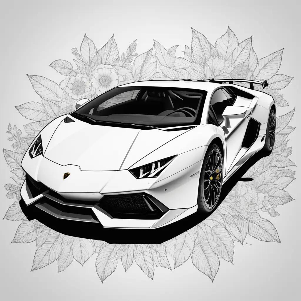 Lamborghini is shown on a coloring page with white flowers