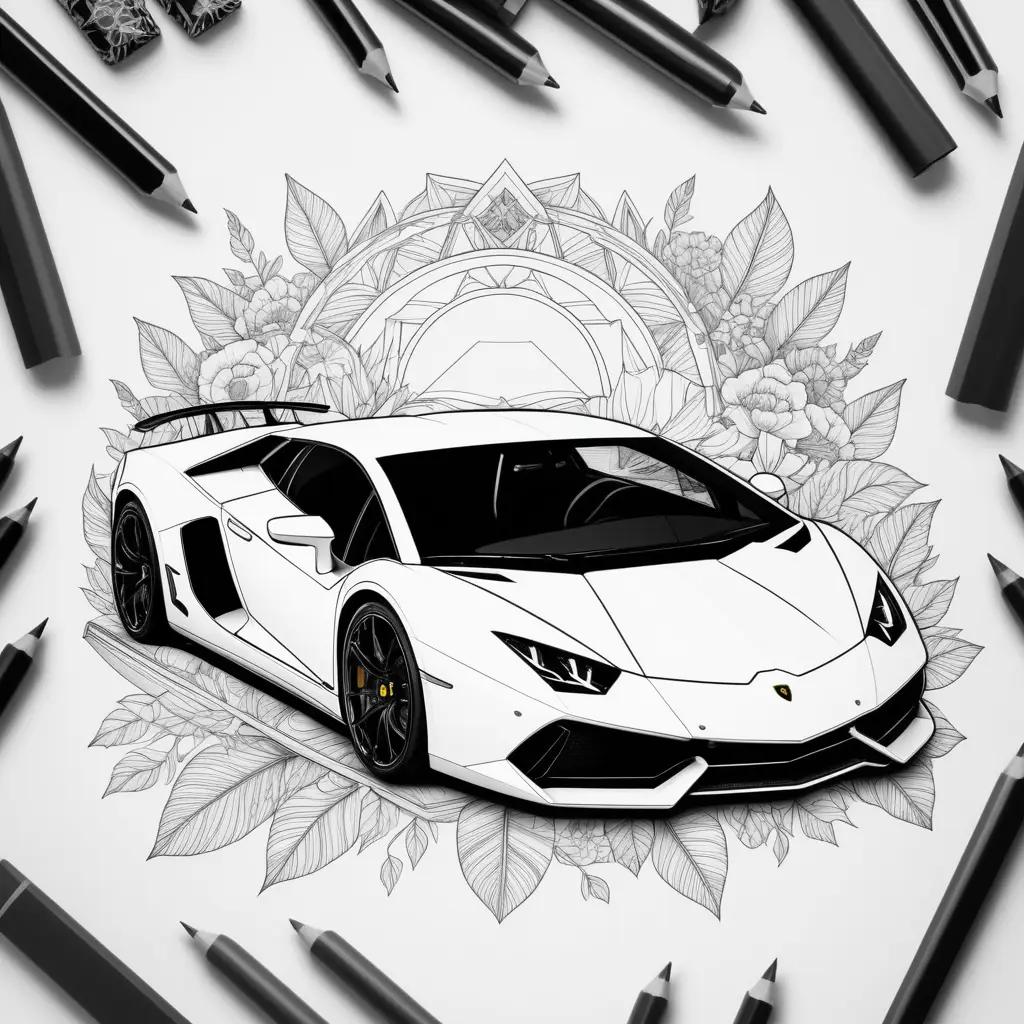 Lamborghini is the centerpiece of this black and white drawing