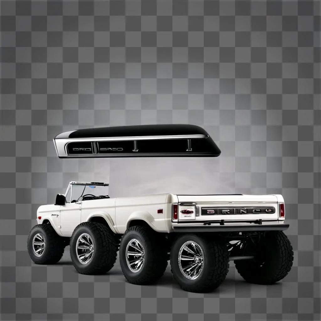 Large Ford Bronco truck in a black and white photo