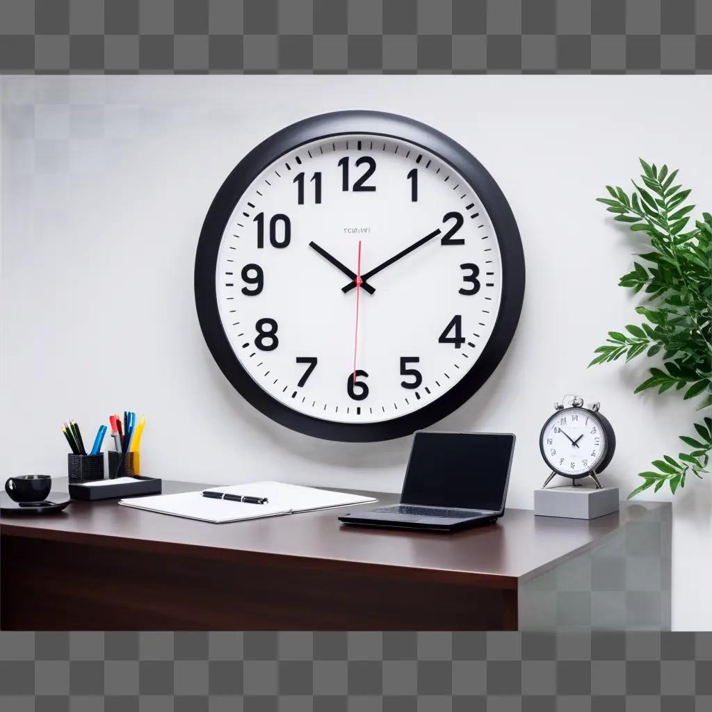 Large black clock on desk, with white hands and numbers