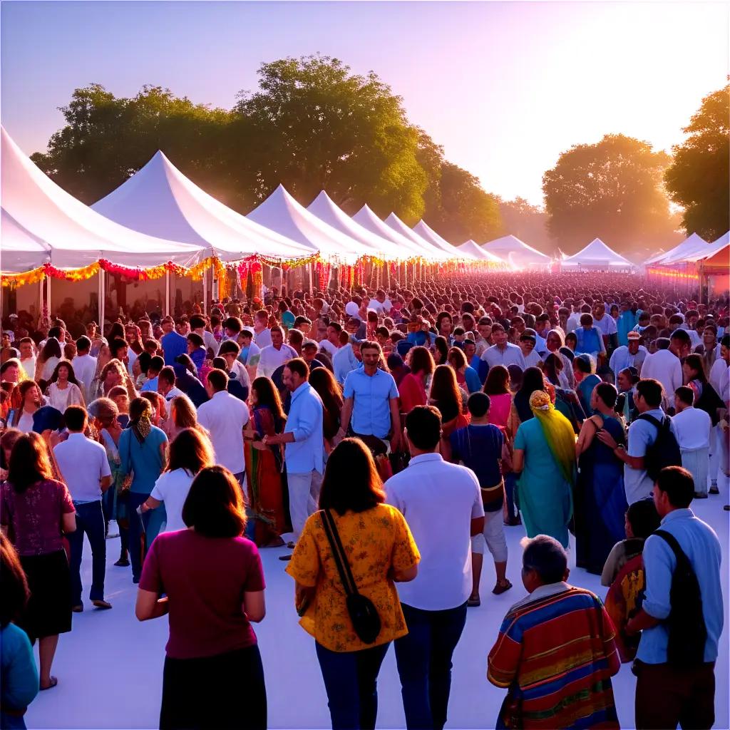 Large crowd at outdoor festival with tents