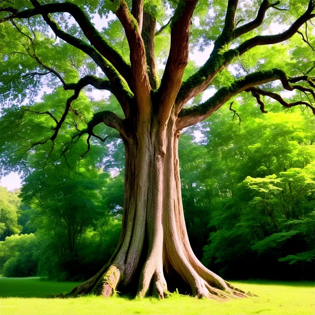 Large tree trunk surrounded by lush green foliage