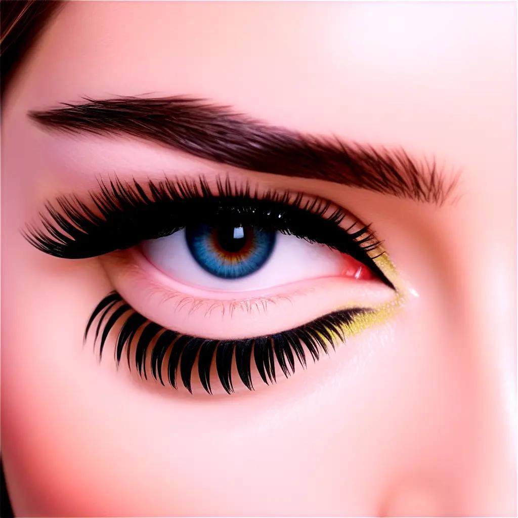 Lashes with blue and yellow color on the eye