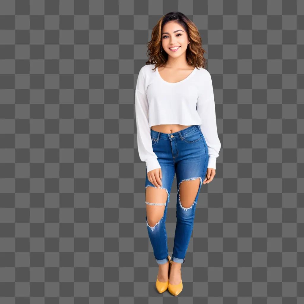 Latina model poses in ripped jeans and yellow shoes