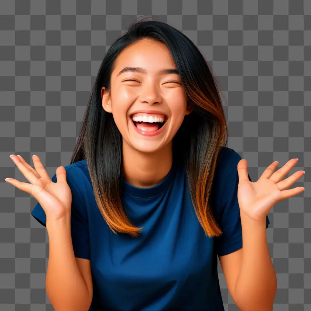 Laughing girl with her hands up in a cartoon