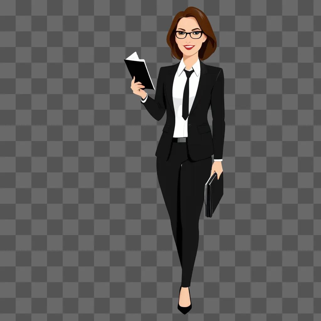 Lawyer woman in a suit and tie holding a book