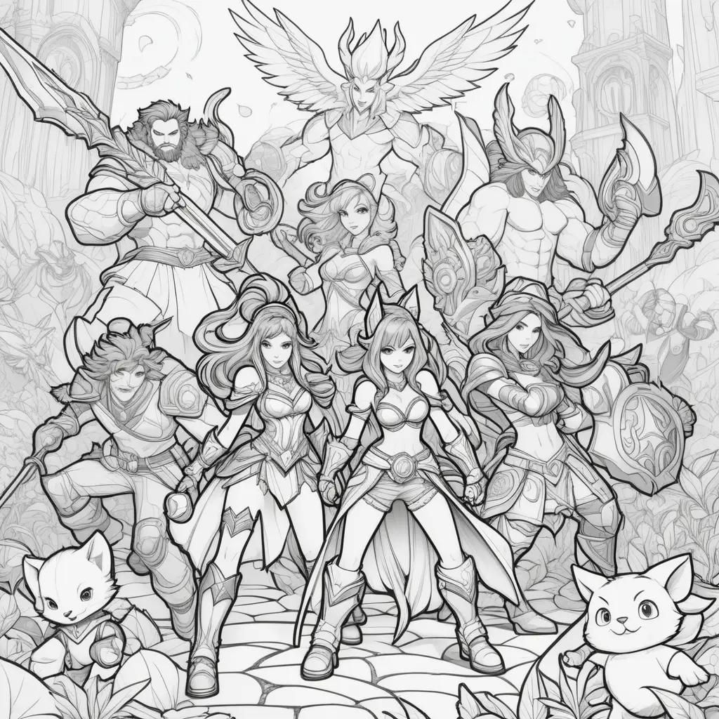 League of Legends coloring pages featuring a group of characters