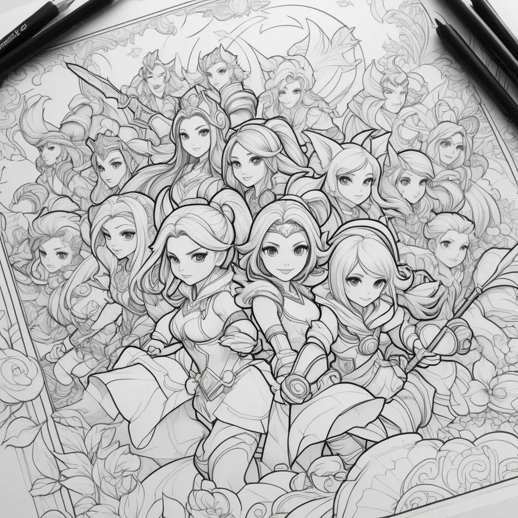 League of Legends coloring pages featuring a group of girls