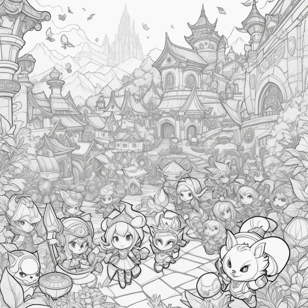 League of Legends coloring pages with cartoon characters and buildings