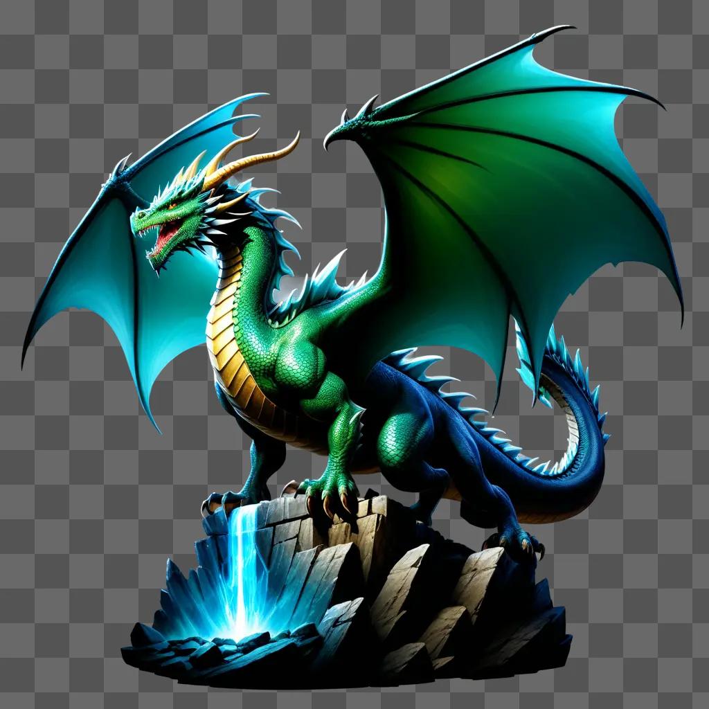 Legendary green dragon on a rocky cliff