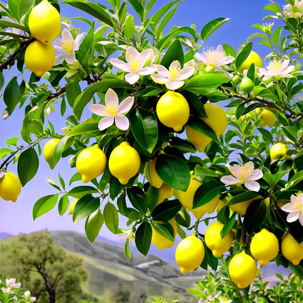 Lemon tree with flowers in a sunny field