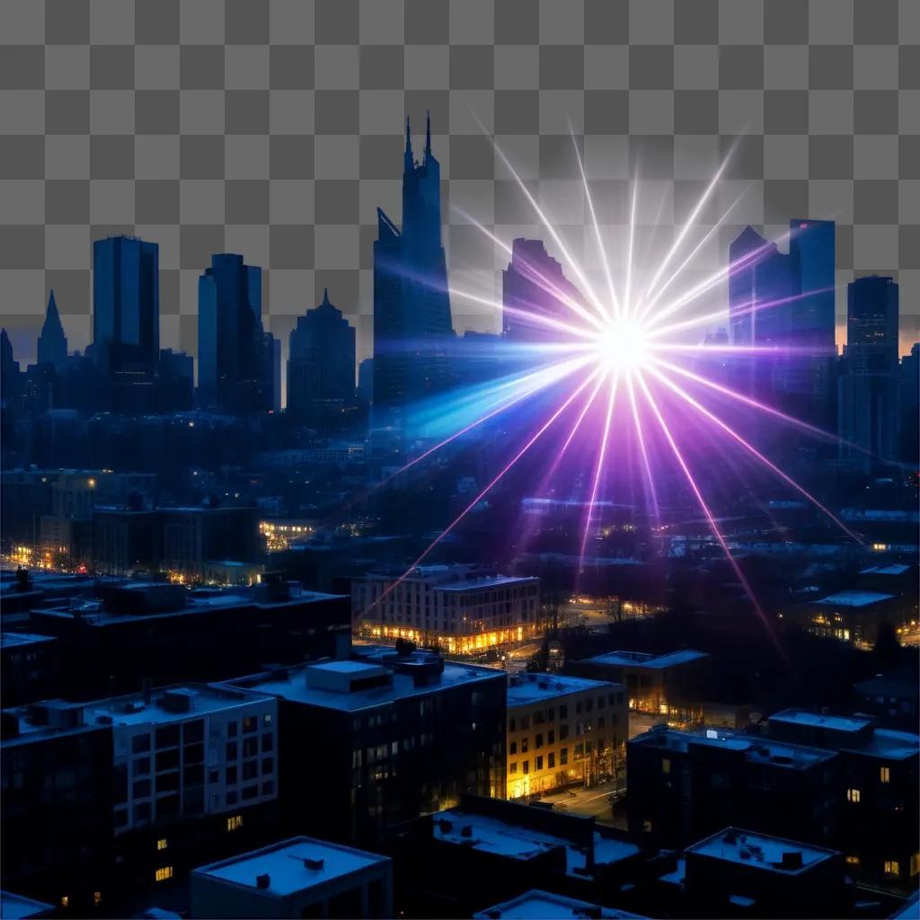 Lens flare illuminates a cityscape at dusk