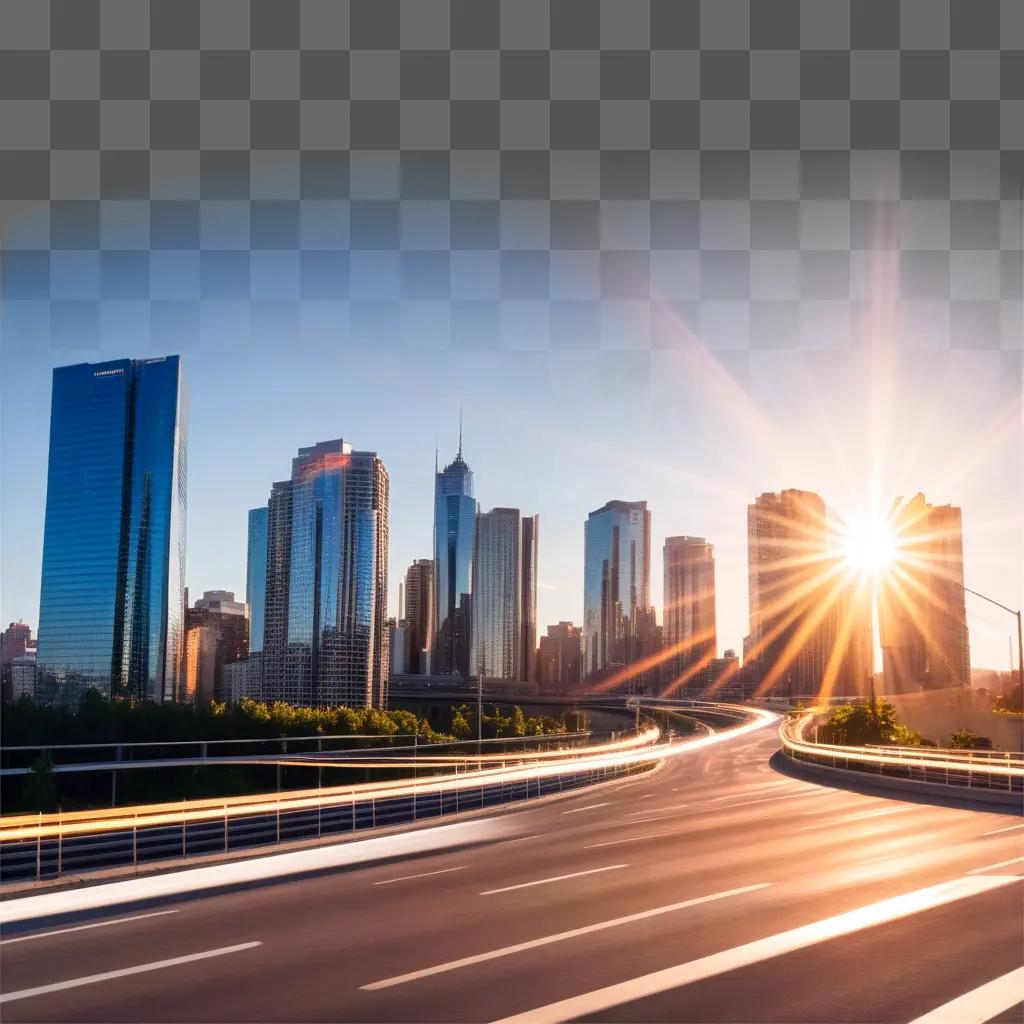 Lense flare creates a beautiful sunburst in a city skyline