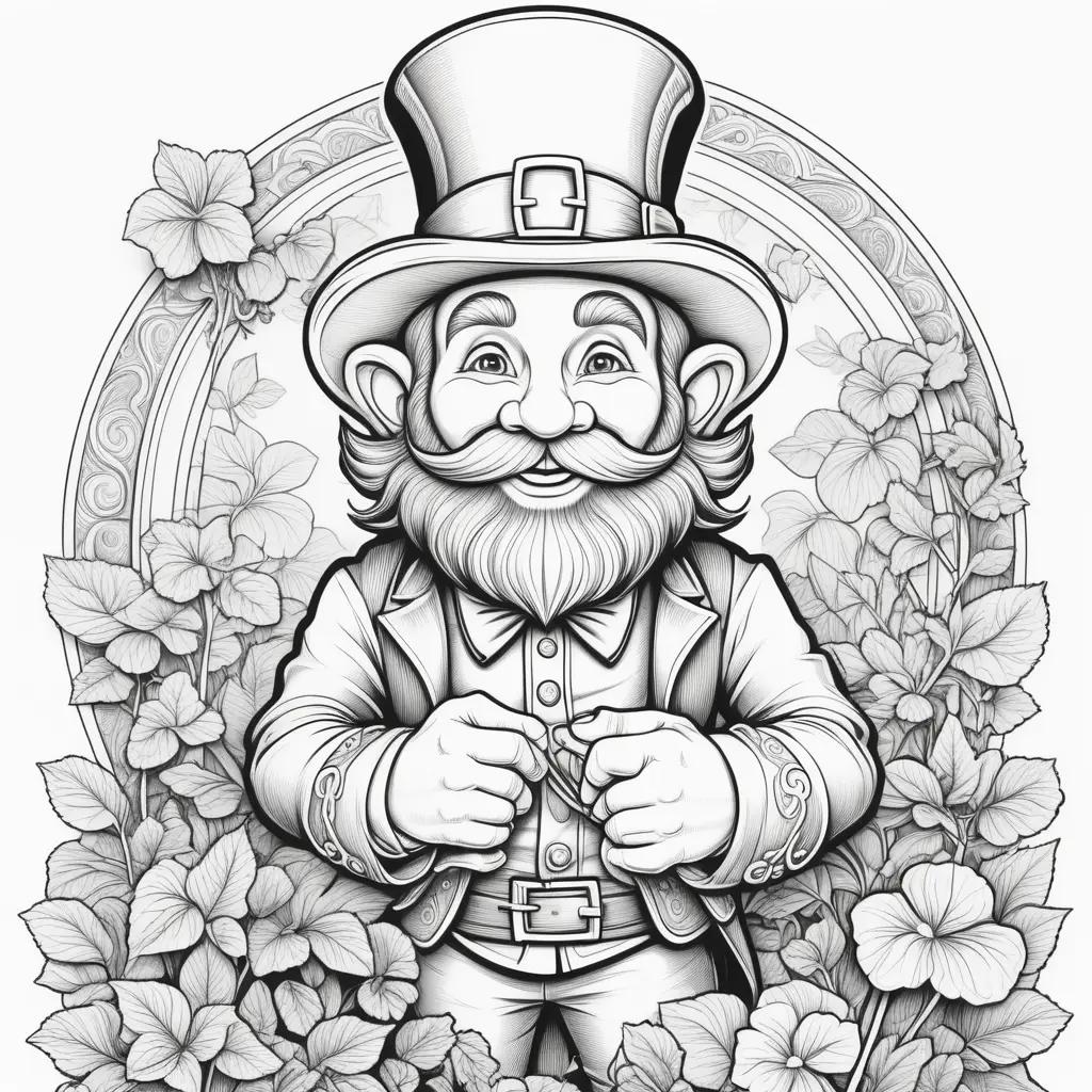 Leprechaun coloring pages: black and white drawing of a bearded man with a top hat and a gold coin