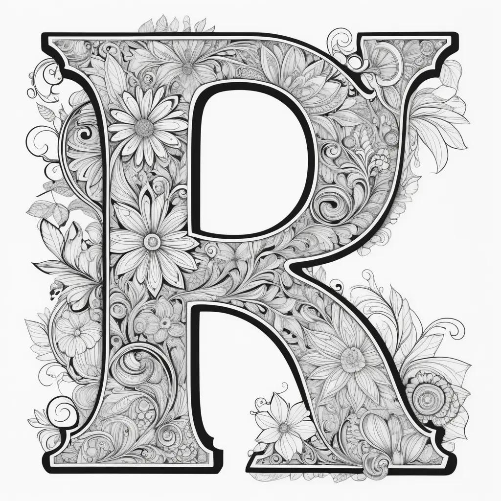 Letter coloring pages with black and white floral design