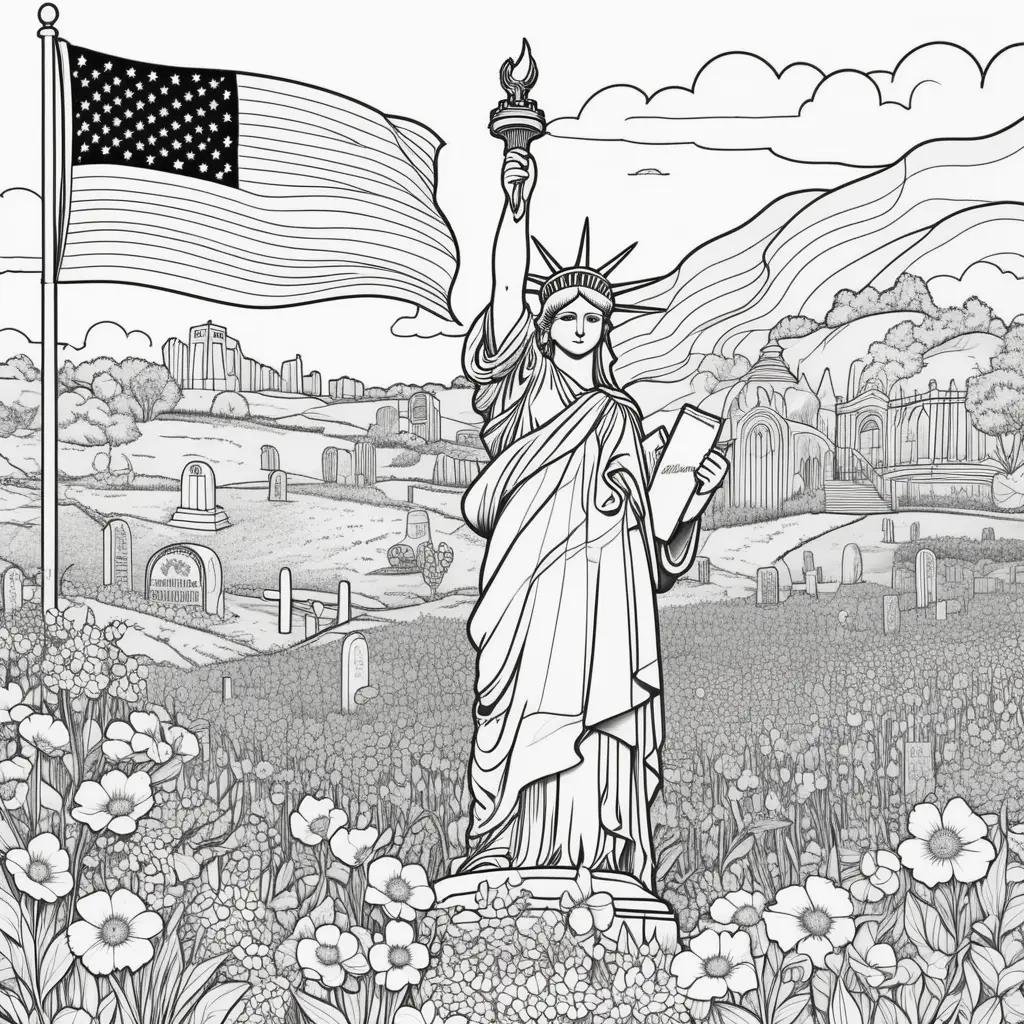 Liberty coloring page of a statue of liberty, American flag, and flowers