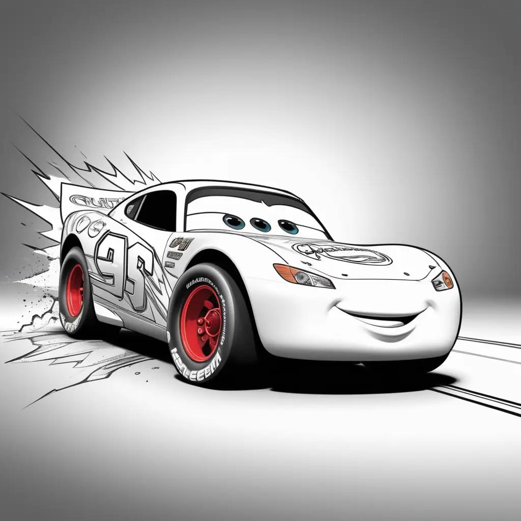 Lightning McQueen, a cartoon car, is on a white background with red wheels