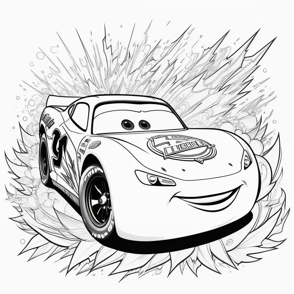 Lightning McQueen coloring page featuring a black and white car with a yellow stripe and a smile