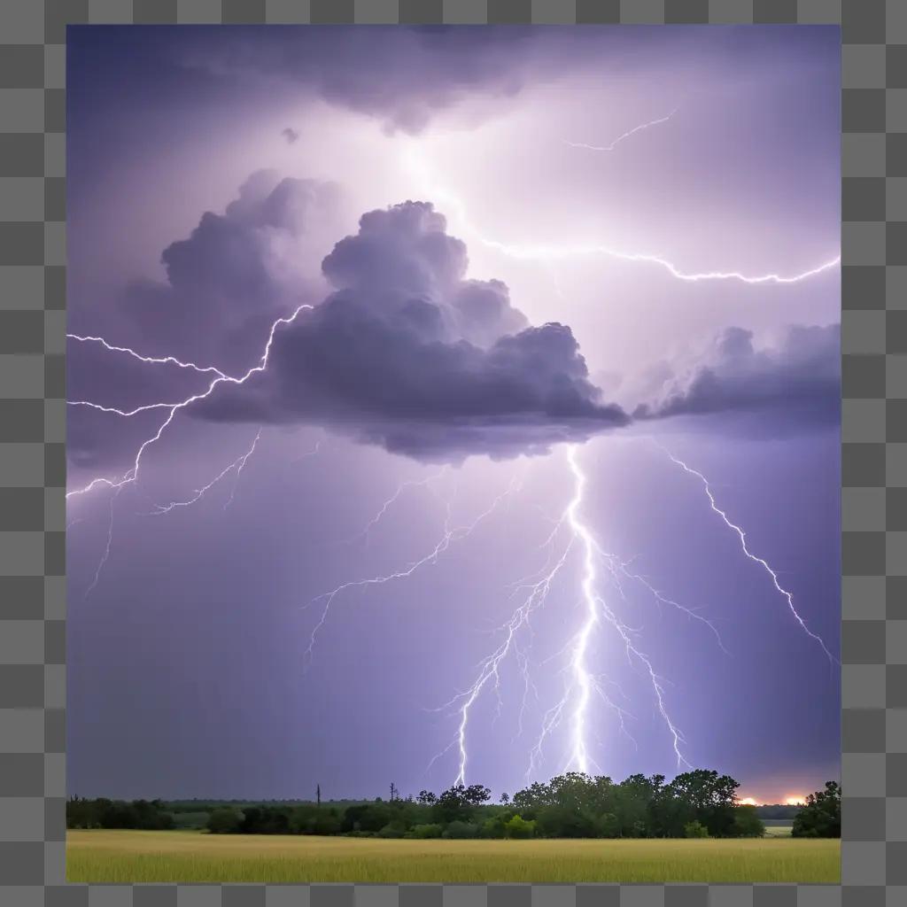 Lightning illuminates a field with trees