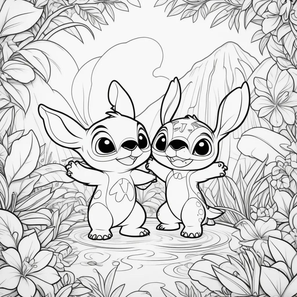 Lilo and Stitch coloring page with a black and white background