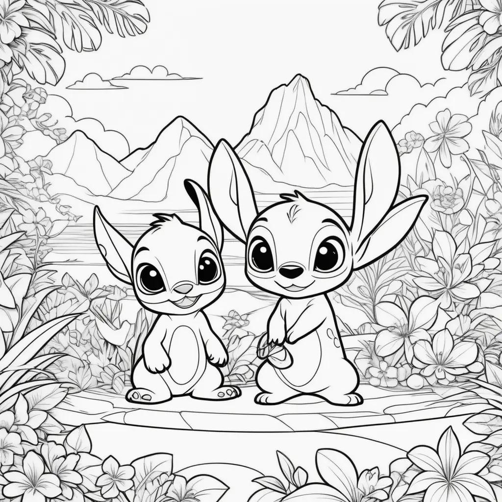 Lilo and Stitch coloring pages with flowers and mountains