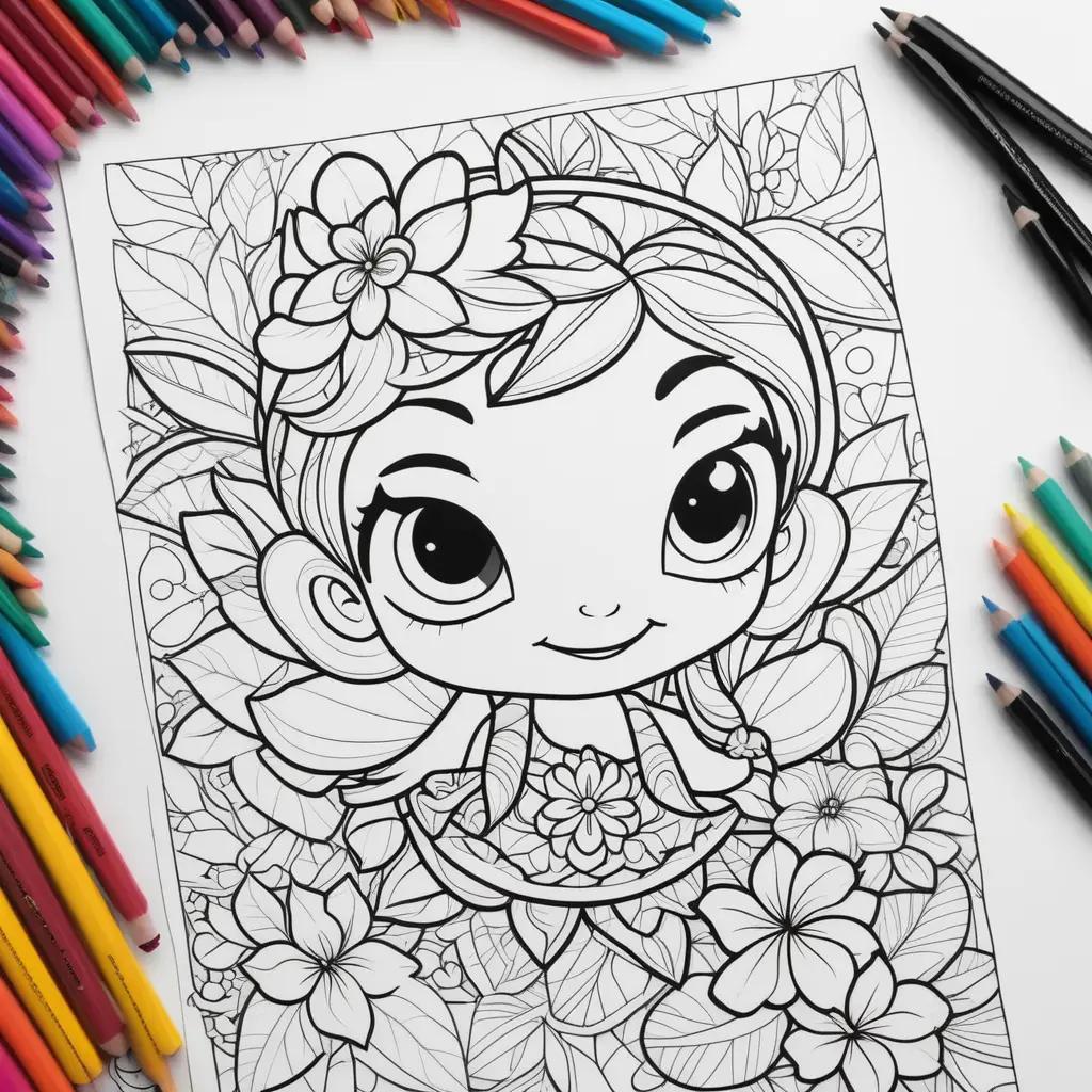 Lilo coloring page with flowers and pencils around it