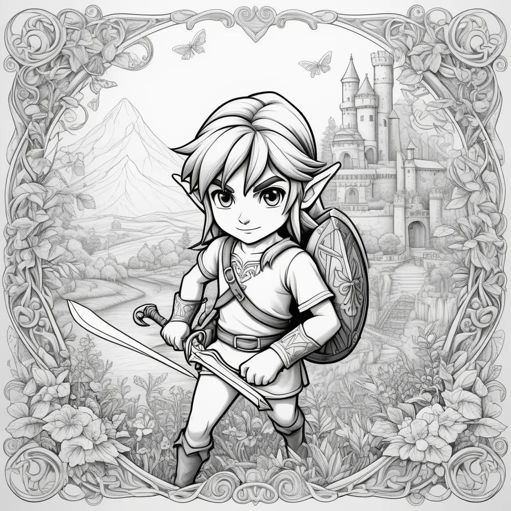 Link coloring page with castle and flowers