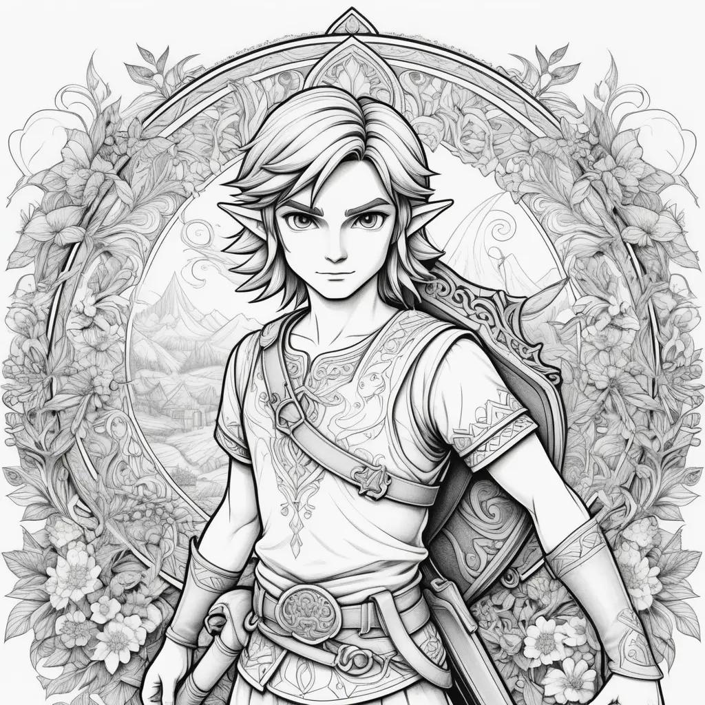 Link coloring page with flowers and leaves