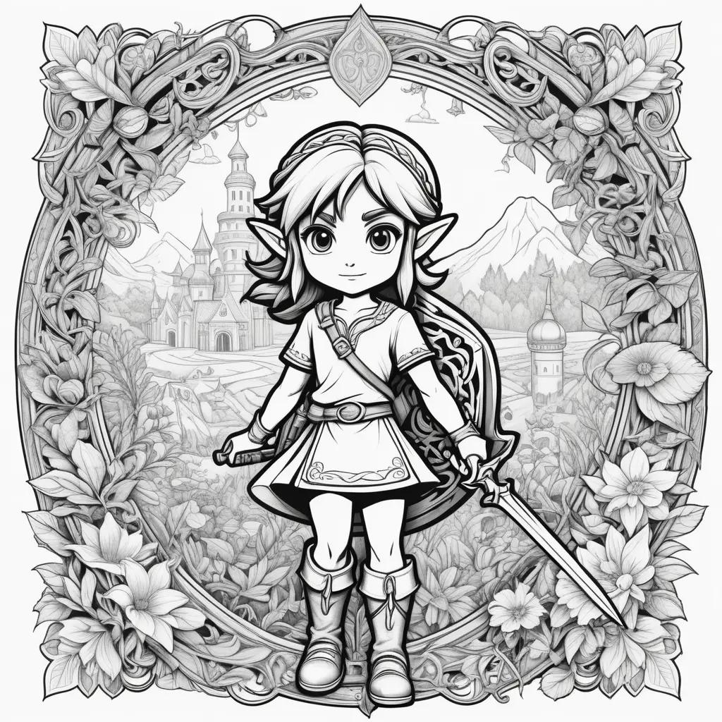 Link coloring pages featuring a princess and sword