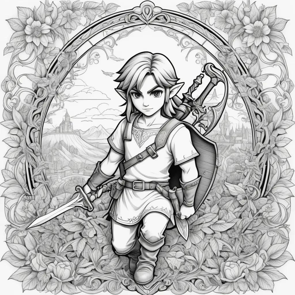 Link coloring pages with a sword and flowers